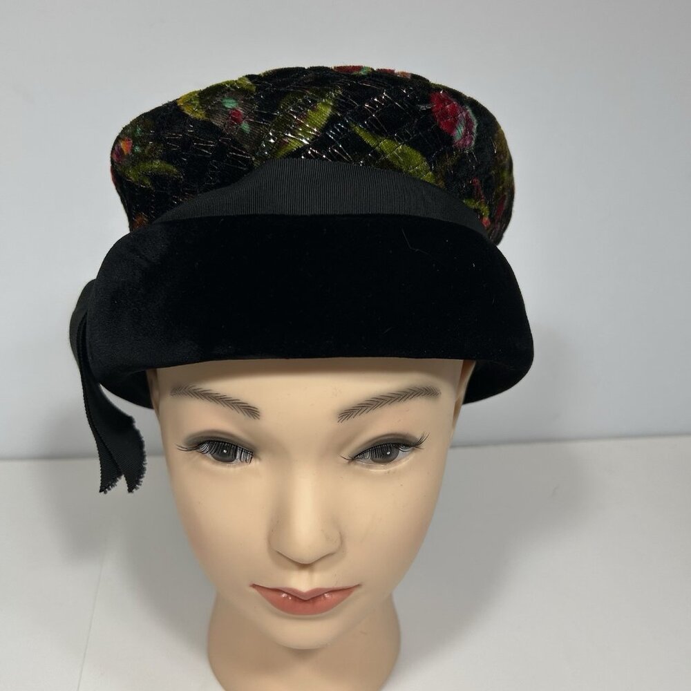 Vtg Evelyn Varon Exclusive Floral Metallic Hat Cloche Bucket Velvet Band Union